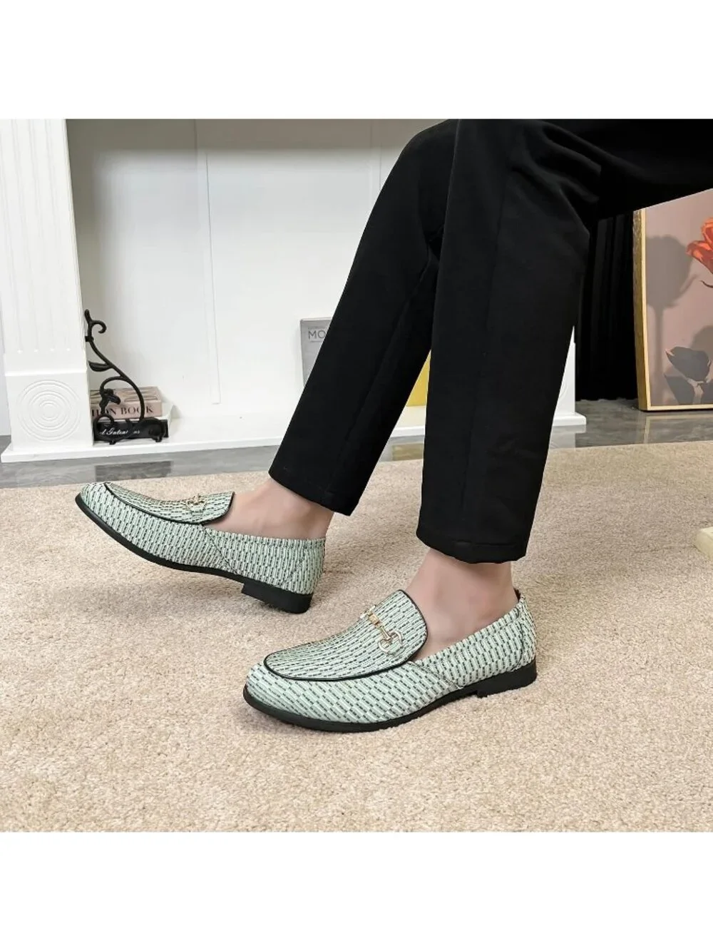 LCQL Men's Green Leather Velvet Loafer Gold Buckle Slip On Comfortable Shoes